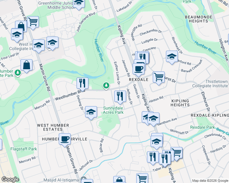 map of restaurants, bars, coffee shops, grocery stores, and more near 35 Westhumber Boulevard in Toronto