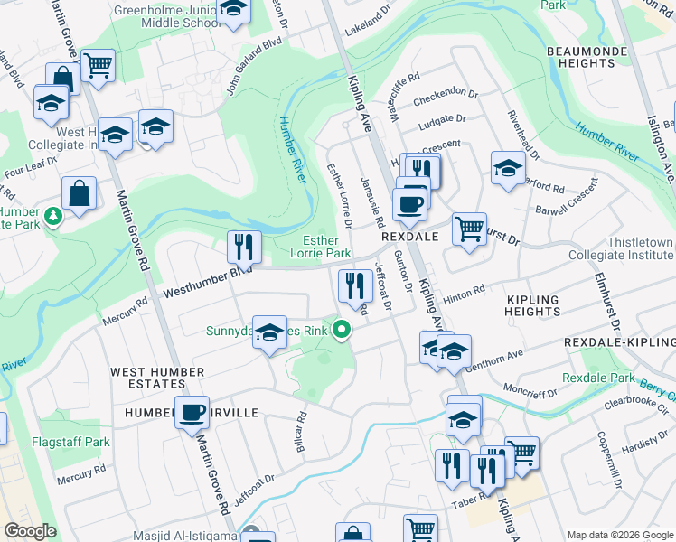 map of restaurants, bars, coffee shops, grocery stores, and more near 35 Westhumber Boulevard in Toronto