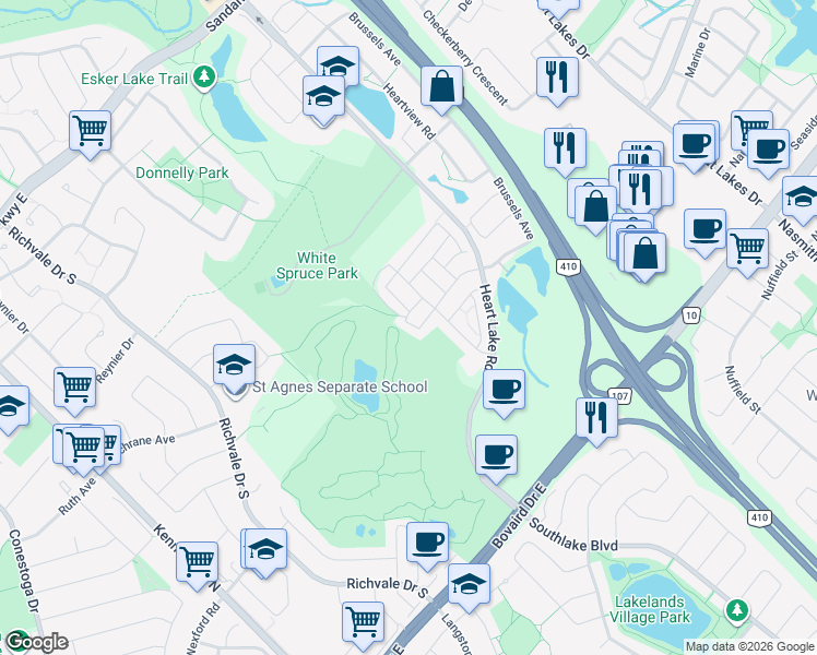map of restaurants, bars, coffee shops, grocery stores, and more near 34 Shiff Crescent in Brampton
