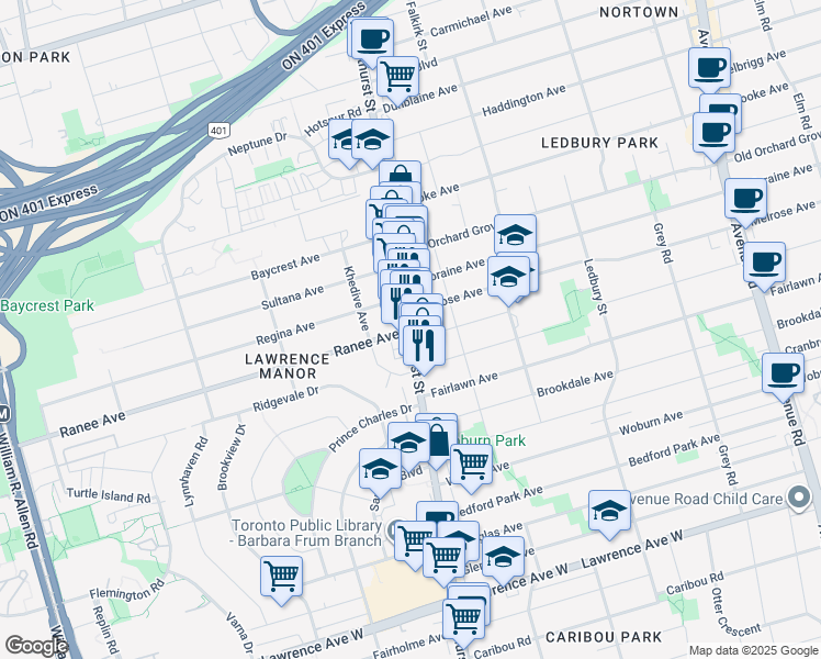 map of restaurants, bars, coffee shops, grocery stores, and more near Bathurst St & Ranee Ave in Toronto