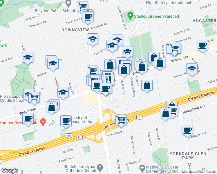 map of restaurants, bars, coffee shops, grocery stores, and more near 1077 Wilson Avenue in Toronto