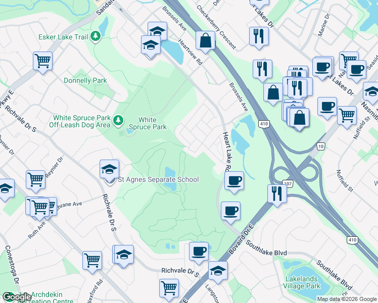 map of restaurants, bars, coffee shops, grocery stores, and more near 38 Shiff Crescent in Brampton