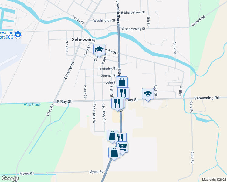 map of restaurants, bars, coffee shops, grocery stores, and more near 560 South Beck Street in Sebewaing