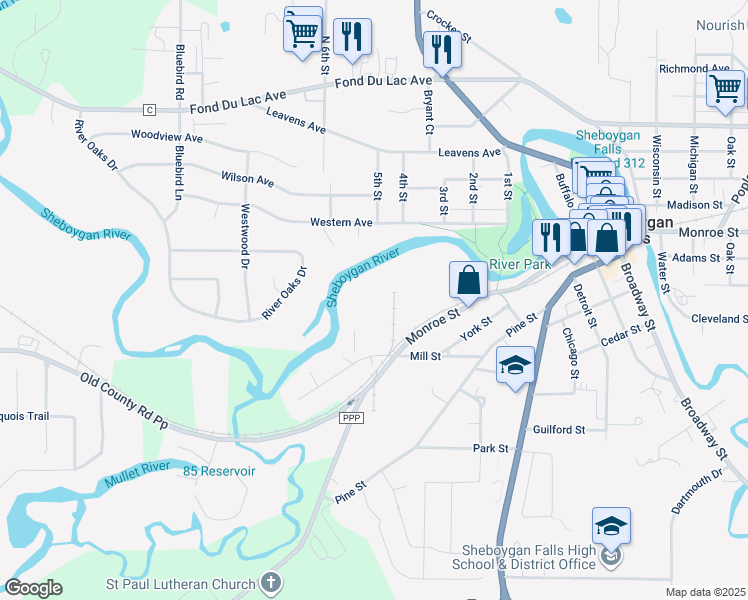 map of restaurants, bars, coffee shops, grocery stores, and more near 300 Mill Street in Sheboygan Falls