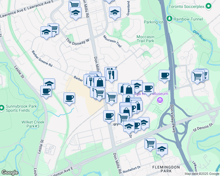 map of restaurants, bars, coffee shops, grocery stores, and more near 112-895 Don Mills Road in Toronto