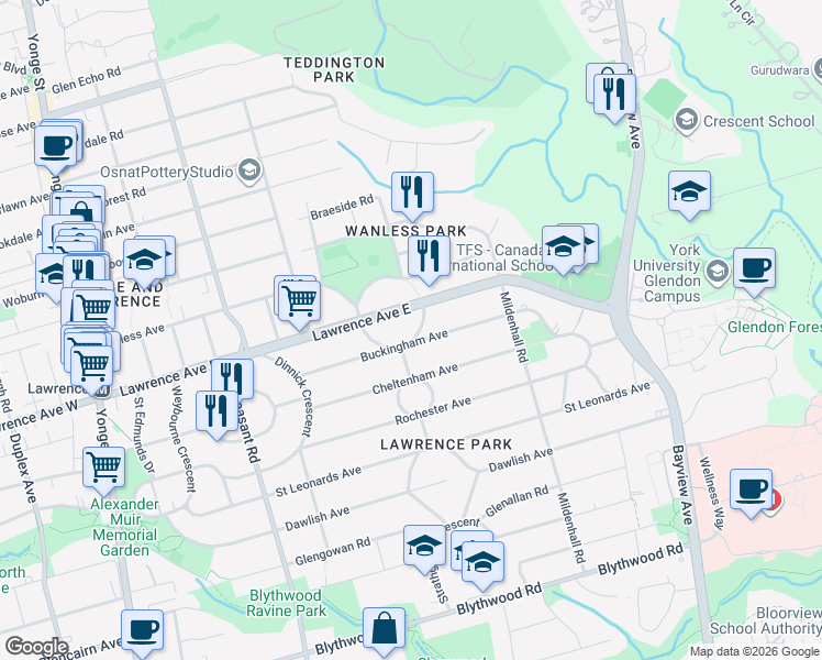 map of restaurants, bars, coffee shops, grocery stores, and more near 43 Wanless Crescent in Toronto