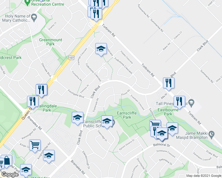 map of restaurants, bars, coffee shops, grocery stores, and more near 74 Esplanade Road in Brampton