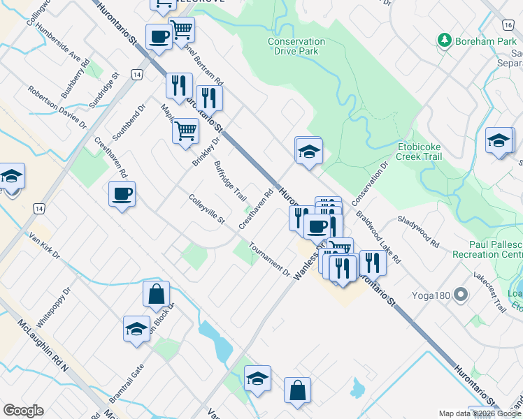 map of restaurants, bars, coffee shops, grocery stores, and more near 112 Cresthaven Road in Brampton