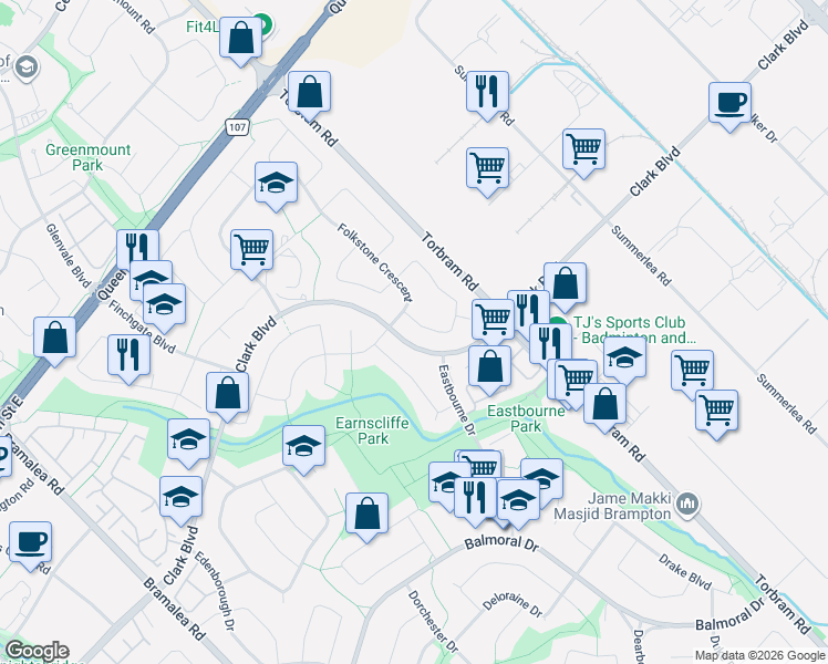 map of restaurants, bars, coffee shops, grocery stores, and more near in Brampton