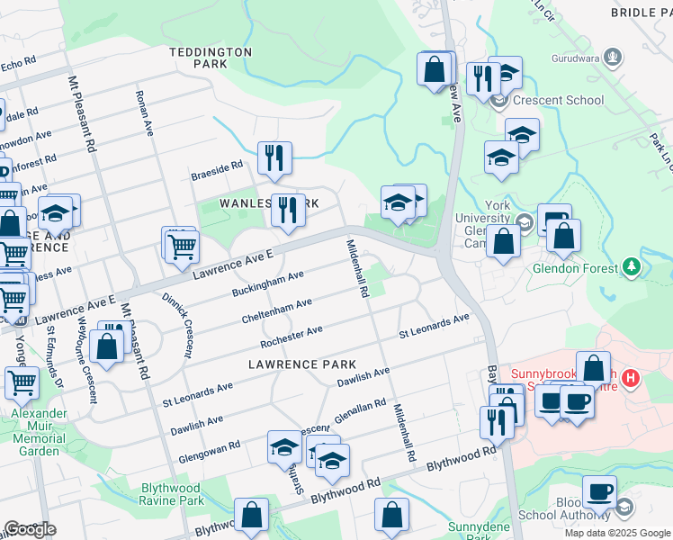 map of restaurants, bars, coffee shops, grocery stores, and more near 135 Buckingham Avenue in Toronto