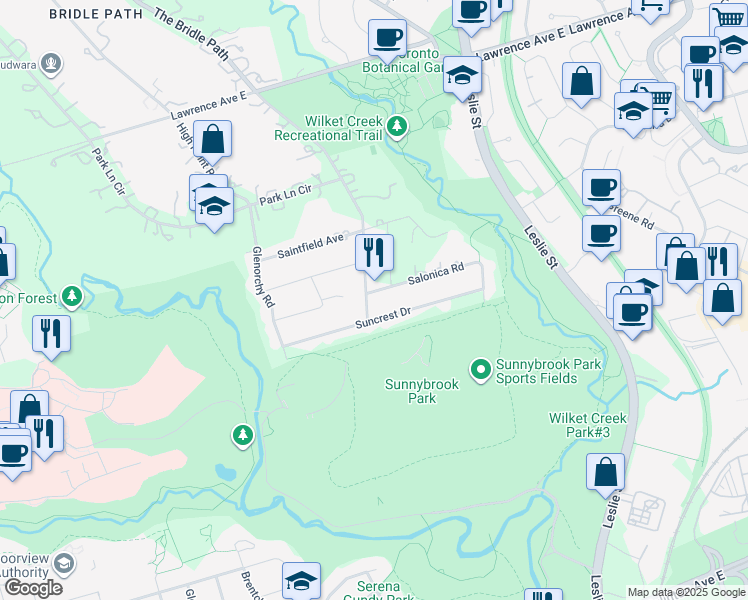 map of restaurants, bars, coffee shops, grocery stores, and more near 202 The Bridle Path in Toronto