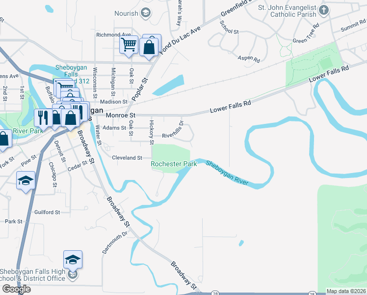 map of restaurants, bars, coffee shops, grocery stores, and more near 710 Hickory Street in Sheboygan Falls
