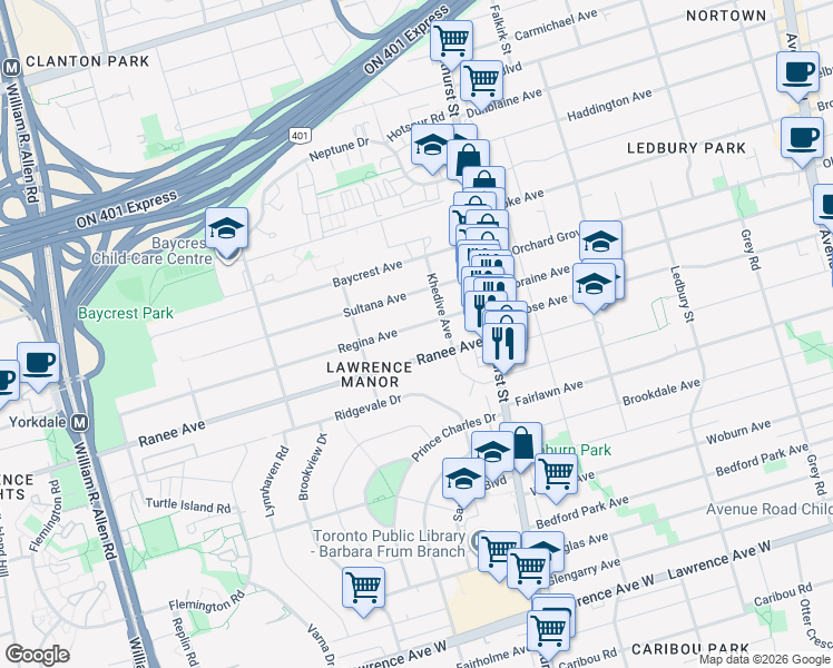 map of restaurants, bars, coffee shops, grocery stores, and more near 39 Regina Avenue in Toronto