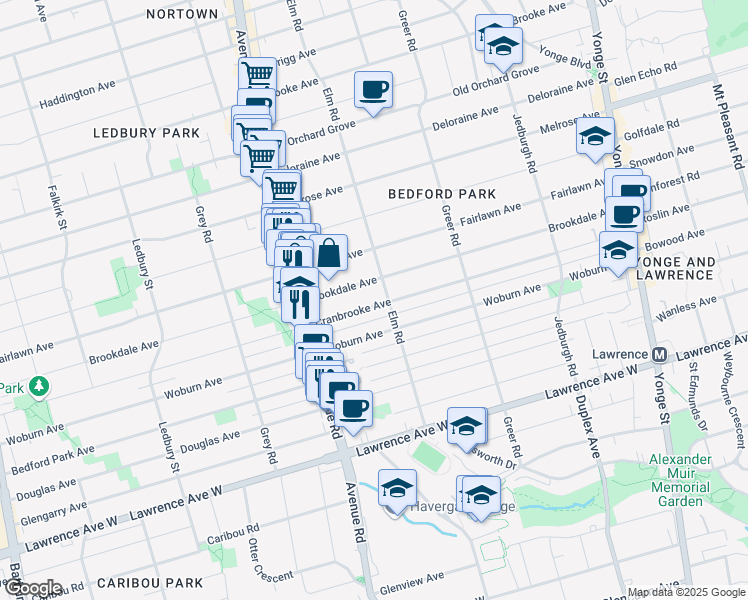 map of restaurants, bars, coffee shops, grocery stores, and more near 306 Cranbrooke Avenue in Toronto