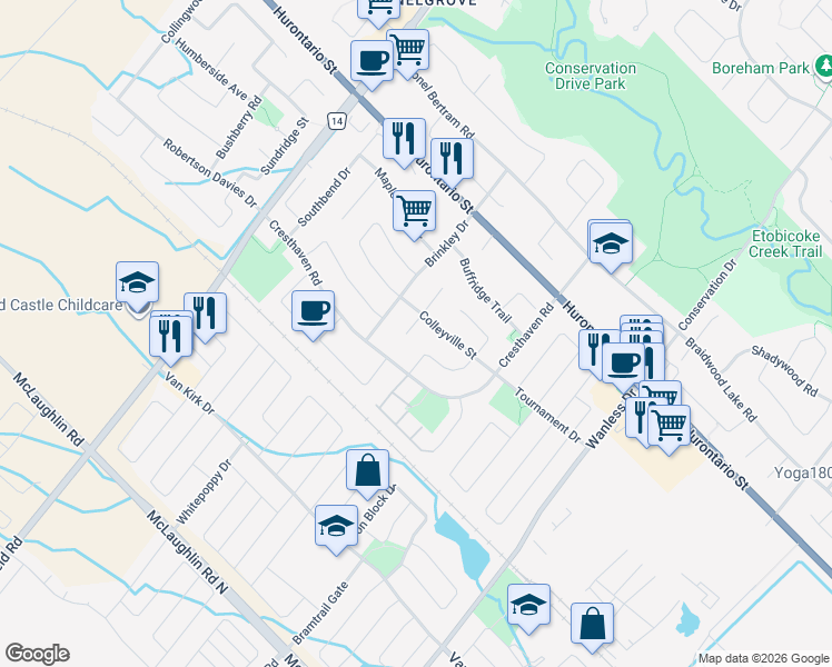 map of restaurants, bars, coffee shops, grocery stores, and more near 10 Safari Court in Brampton