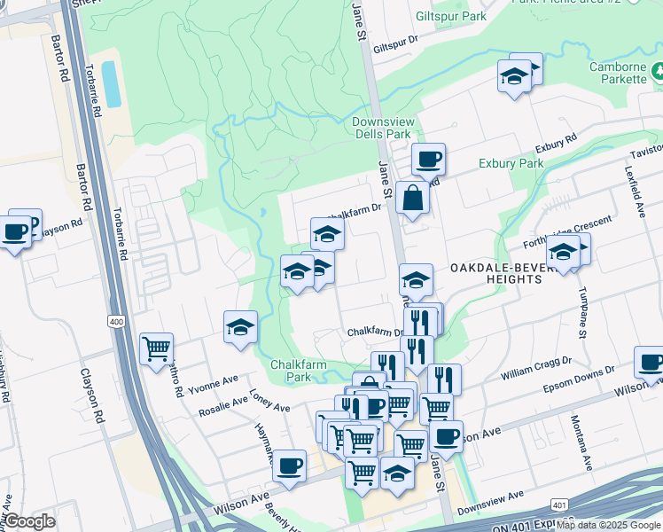 map of restaurants, bars, coffee shops, grocery stores, and more near Chalkfarm Drive in Toronto