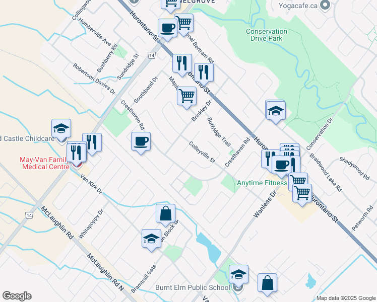map of restaurants, bars, coffee shops, grocery stores, and more near 8 Safari Court in Brampton