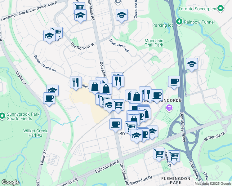 map of restaurants, bars, coffee shops, grocery stores, and more near 112-895 Don Mills Road in Toronto