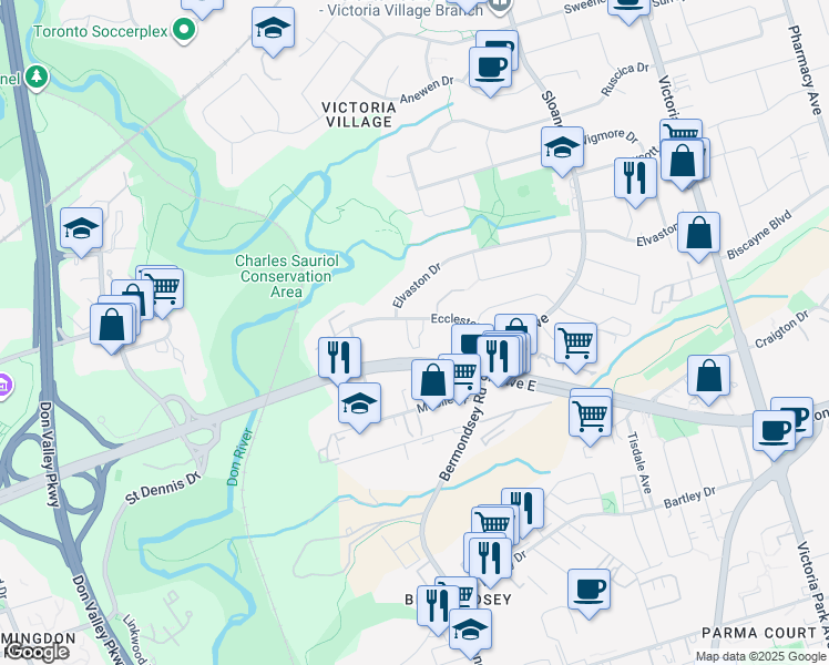 map of restaurants, bars, coffee shops, grocery stores, and more near 17 Eccleston Drive in Toronto