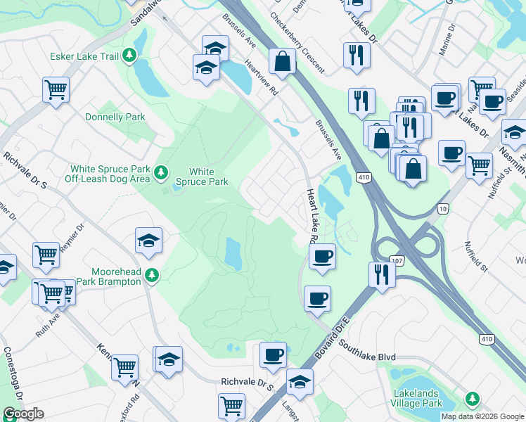 map of restaurants, bars, coffee shops, grocery stores, and more near 27 Shiff Crescent in Brampton