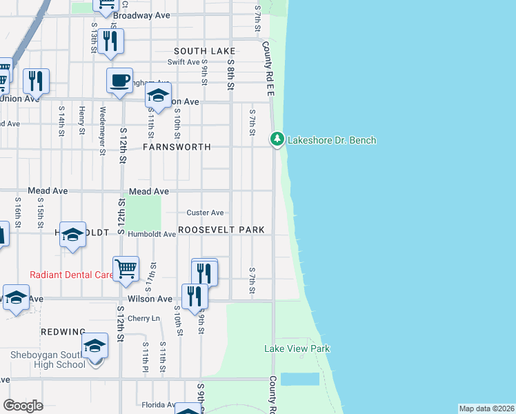 map of restaurants, bars, coffee shops, grocery stores, and more near 2618 Lakeshore Drive in Sheboygan