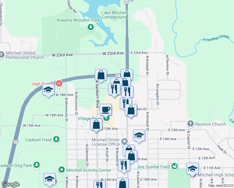 map of restaurants, bars, coffee shops, grocery stores, and more near 1801 North Main Street in Mitchell