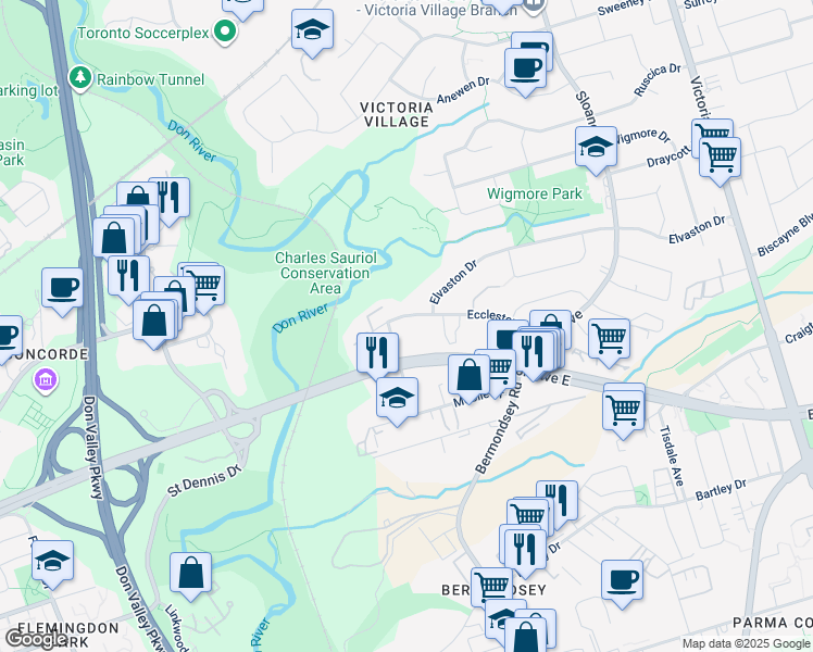 map of restaurants, bars, coffee shops, grocery stores, and more near 25 Eccleston Drive in Toronto