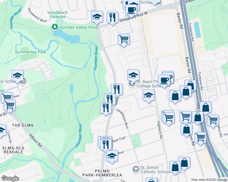 map of restaurants, bars, coffee shops, grocery stores, and more near 2974 Weston Road in Toronto
