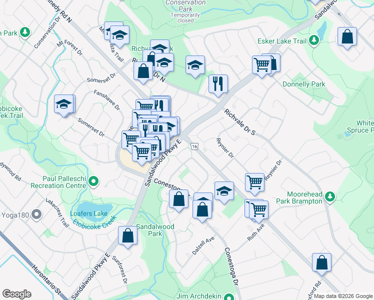 map of restaurants, bars, coffee shops, grocery stores, and more near 36 Lansing Square in Brampton