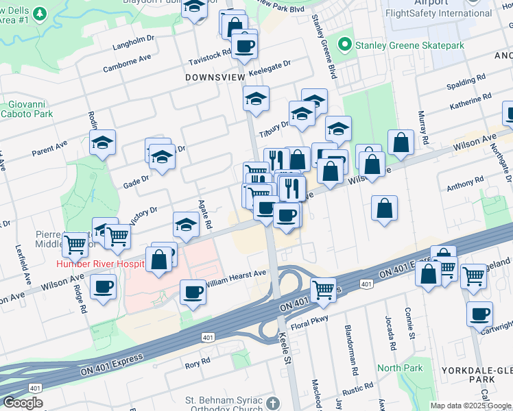 map of restaurants, bars, coffee shops, grocery stores, and more near in Toronto