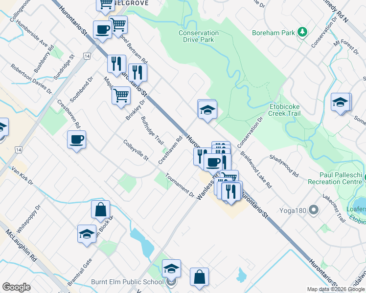 map of restaurants, bars, coffee shops, grocery stores, and more near 60 Ryegrass Crescent in Brampton