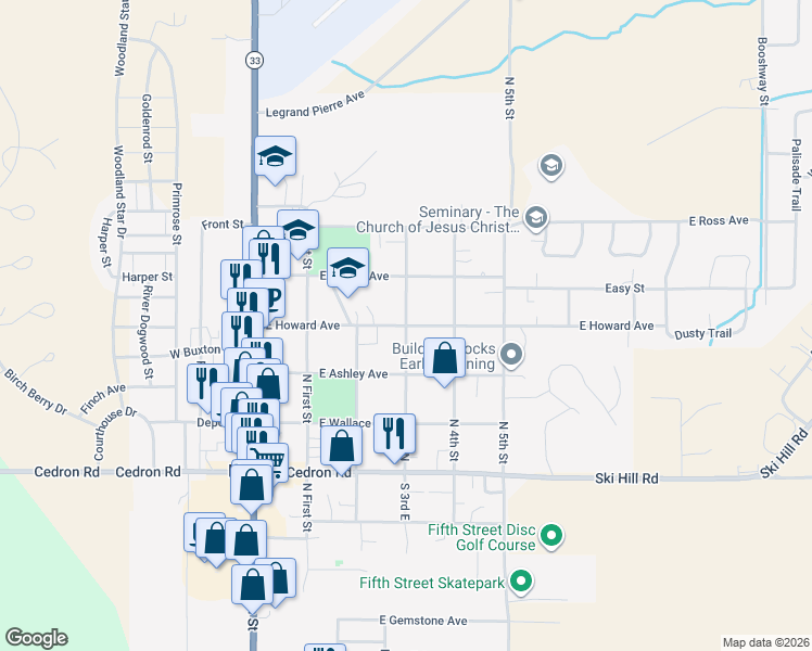 map of restaurants, bars, coffee shops, grocery stores, and more near 211 East Howard Avenue in Driggs