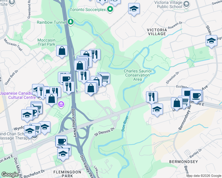 map of restaurants, bars, coffee shops, grocery stores, and more near 55 Wynford Heights Crescent in Toronto