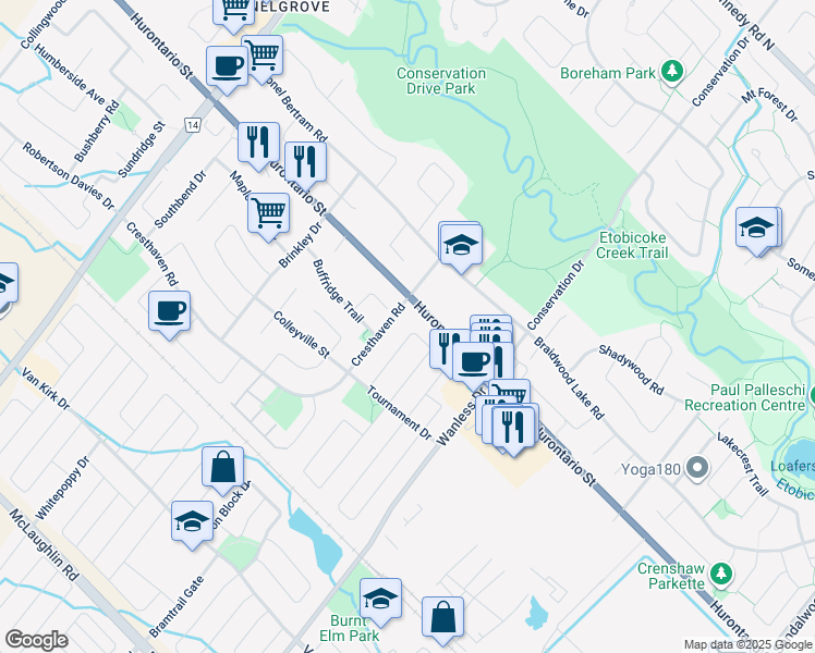 map of restaurants, bars, coffee shops, grocery stores, and more near 36 Faithknight Court in Brampton