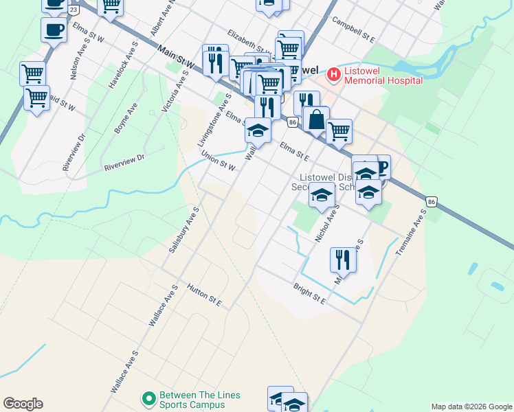 map of restaurants, bars, coffee shops, grocery stores, and more near in Listowel