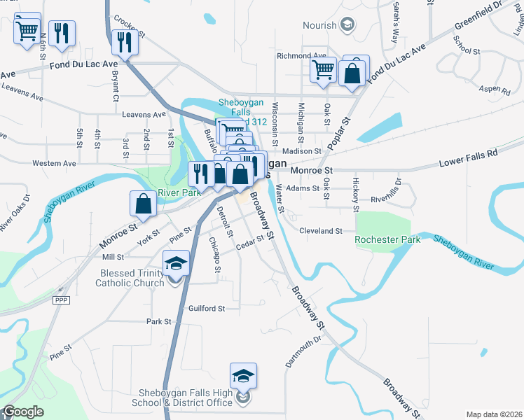 map of restaurants, bars, coffee shops, grocery stores, and more near 614 Broadway Street in Sheboygan Falls