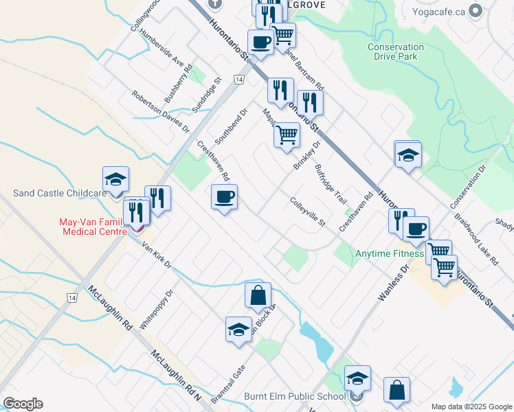 map of restaurants, bars, coffee shops, grocery stores, and more near 73 Brinkley Drive in Brampton