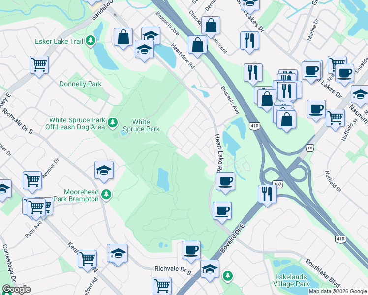 map of restaurants, bars, coffee shops, grocery stores, and more near 31 Shiff Crescent in Brampton