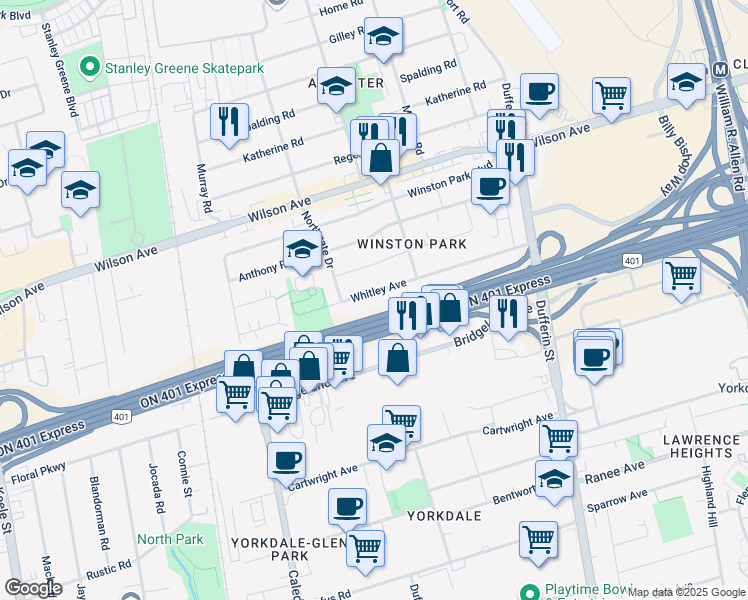 map of restaurants, bars, coffee shops, grocery stores, and more near 87 Whitley Avenue in Toronto