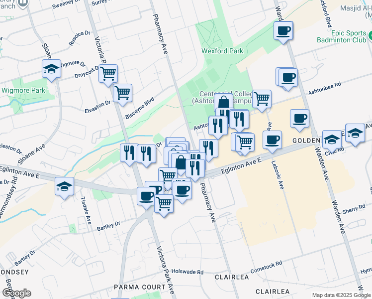 map of restaurants, bars, coffee shops, grocery stores, and more near 40 Craigton Drive in Toronto