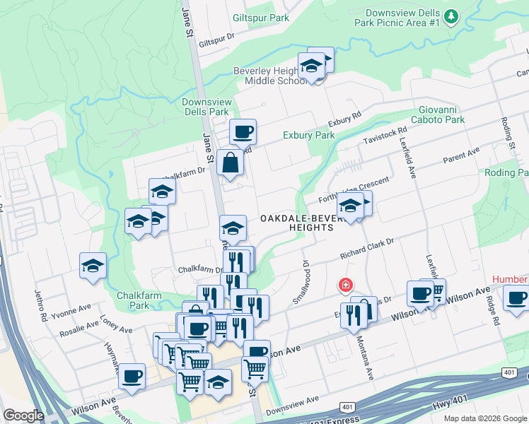 map of restaurants, bars, coffee shops, grocery stores, and more near 40 Datchet Road in Toronto