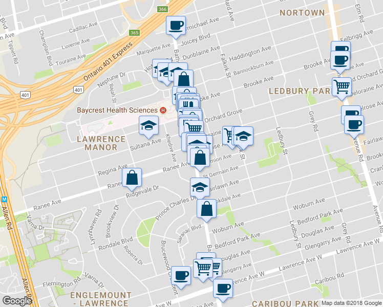 map of restaurants, bars, coffee shops, grocery stores, and more near 3432 Bathurst Street in Toronto