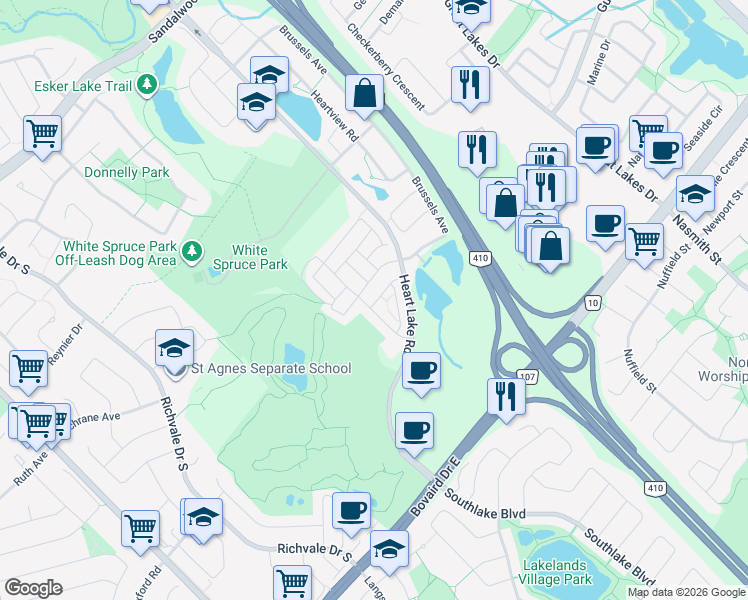 map of restaurants, bars, coffee shops, grocery stores, and more near 6 Magdalene Crescent in Brampton