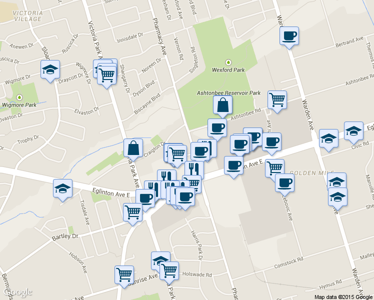map of restaurants, bars, coffee shops, grocery stores, and more near 860 Pharmacy Avenue in Toronto