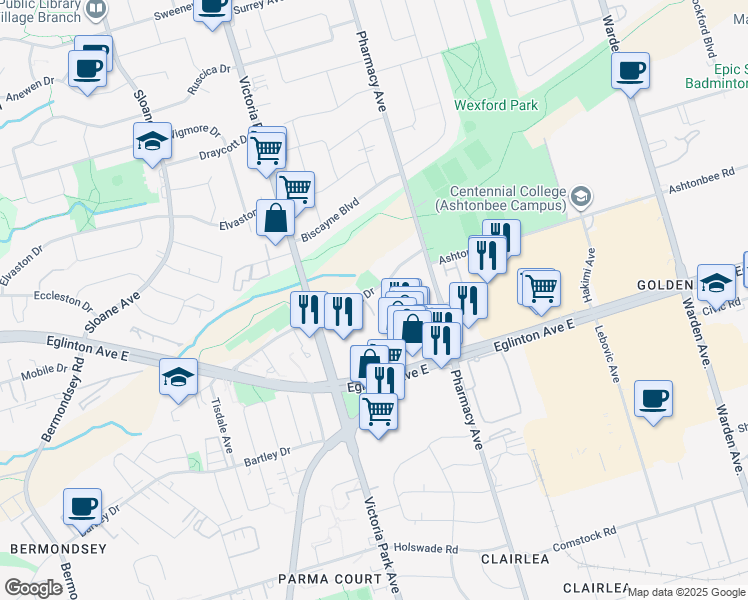 map of restaurants, bars, coffee shops, grocery stores, and more near in Toronto