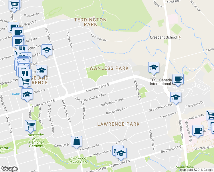 map of restaurants, bars, coffee shops, grocery stores, and more near in Toronto