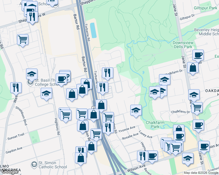 map of restaurants, bars, coffee shops, grocery stores, and more near 59 Jim Baird Mews in Toronto