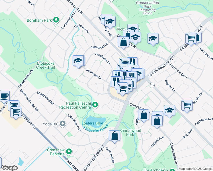 map of restaurants, bars, coffee shops, grocery stores, and more near in Brampton