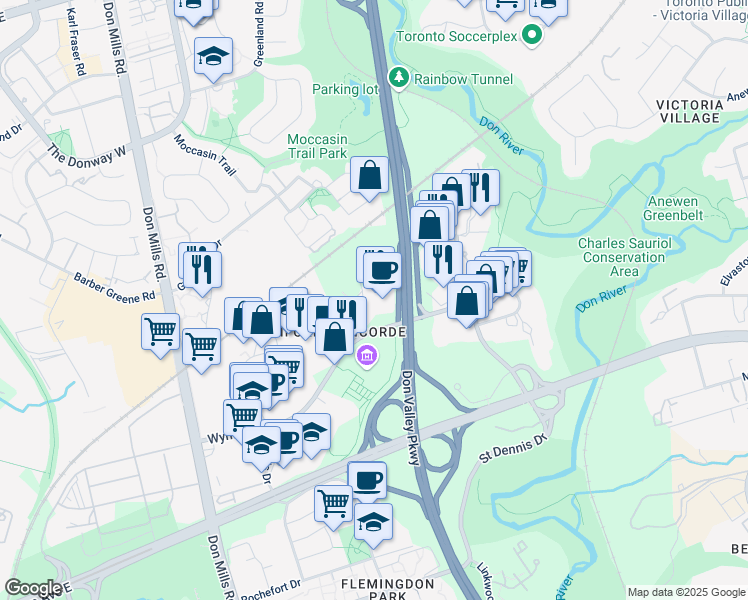 map of restaurants, bars, coffee shops, grocery stores, and more near 100 Wynford Drive in Toronto