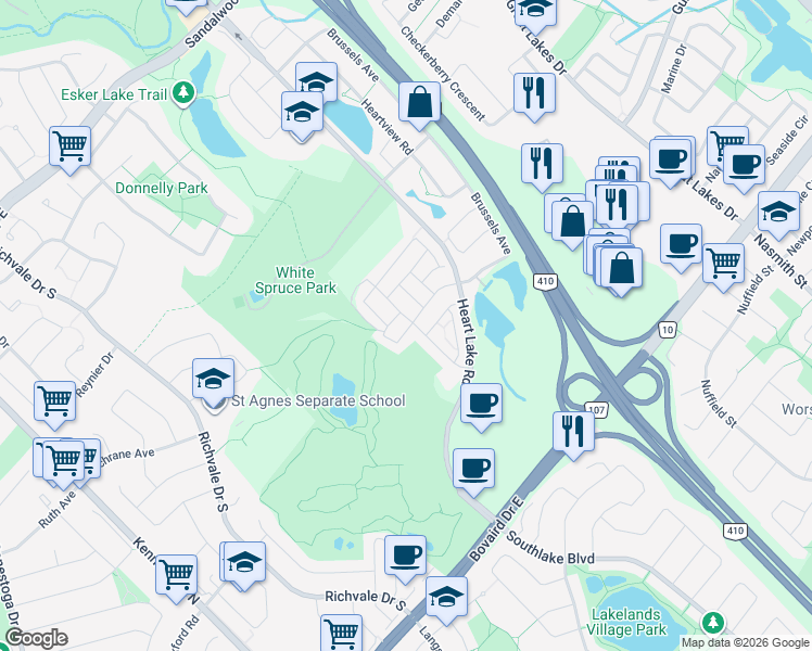 map of restaurants, bars, coffee shops, grocery stores, and more near 1 Shiff Crescent in Brampton
